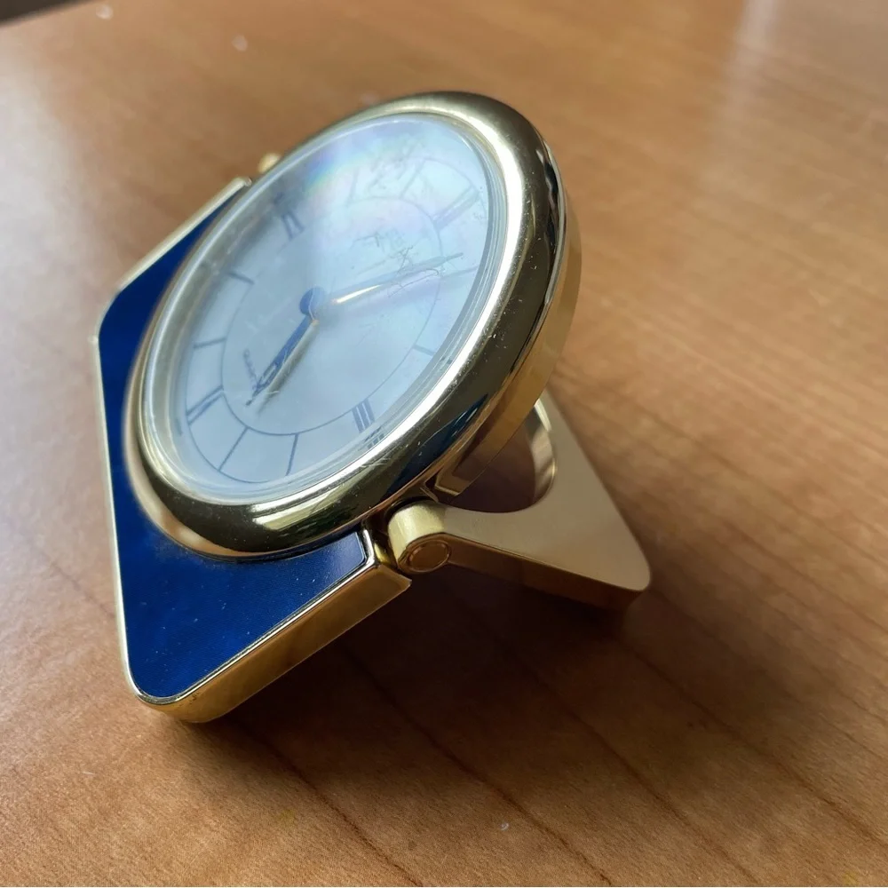 Vintage Seiko Travel Alarm Clock Working Folding Navy Blue & Gold Brass #QQQ177L